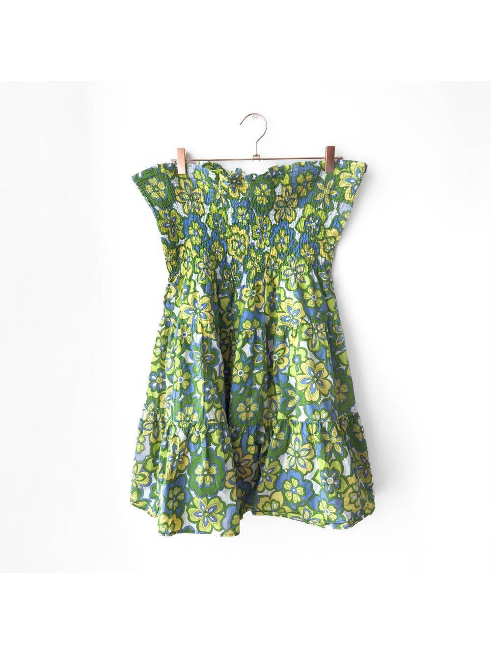 Vintage Green Blue Floral Y2K Smocked Strapless Tube Top Dress XL